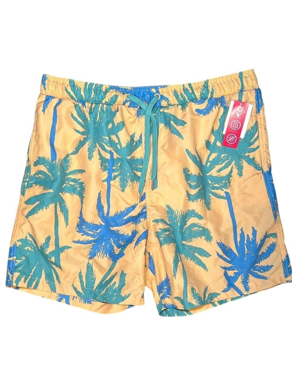 NWOT‎ Surf Society Men's Orange Palm Tree Print Swim Trunks Teal Waistband Sz. M